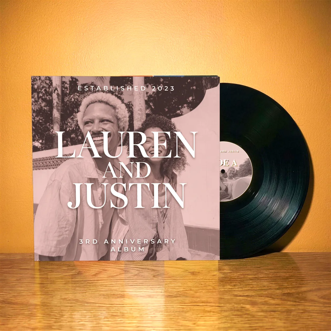 Customer-made 3rd anniversary album with the record sliding out of its sleeve